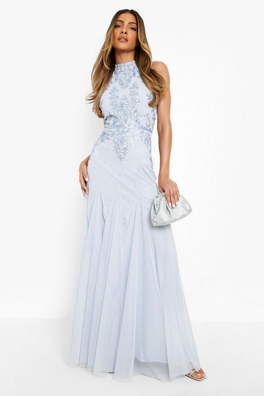 Baby blue blå Bridesmaid Hand Embellished Halter Maxi Dress