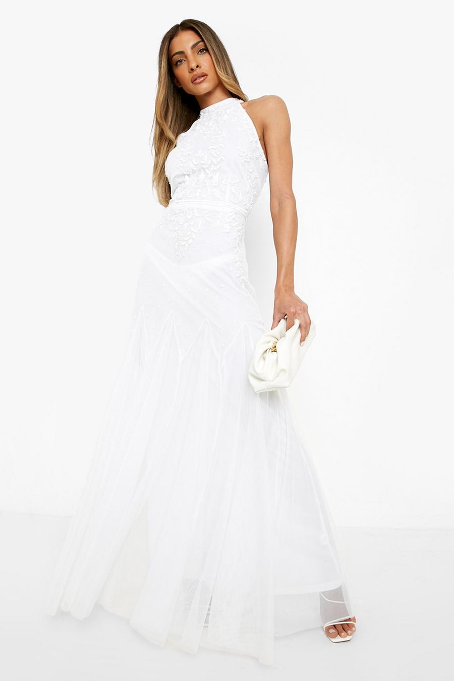Ivory white Bridesmaid Hand Embellished Halter Maxi Dress