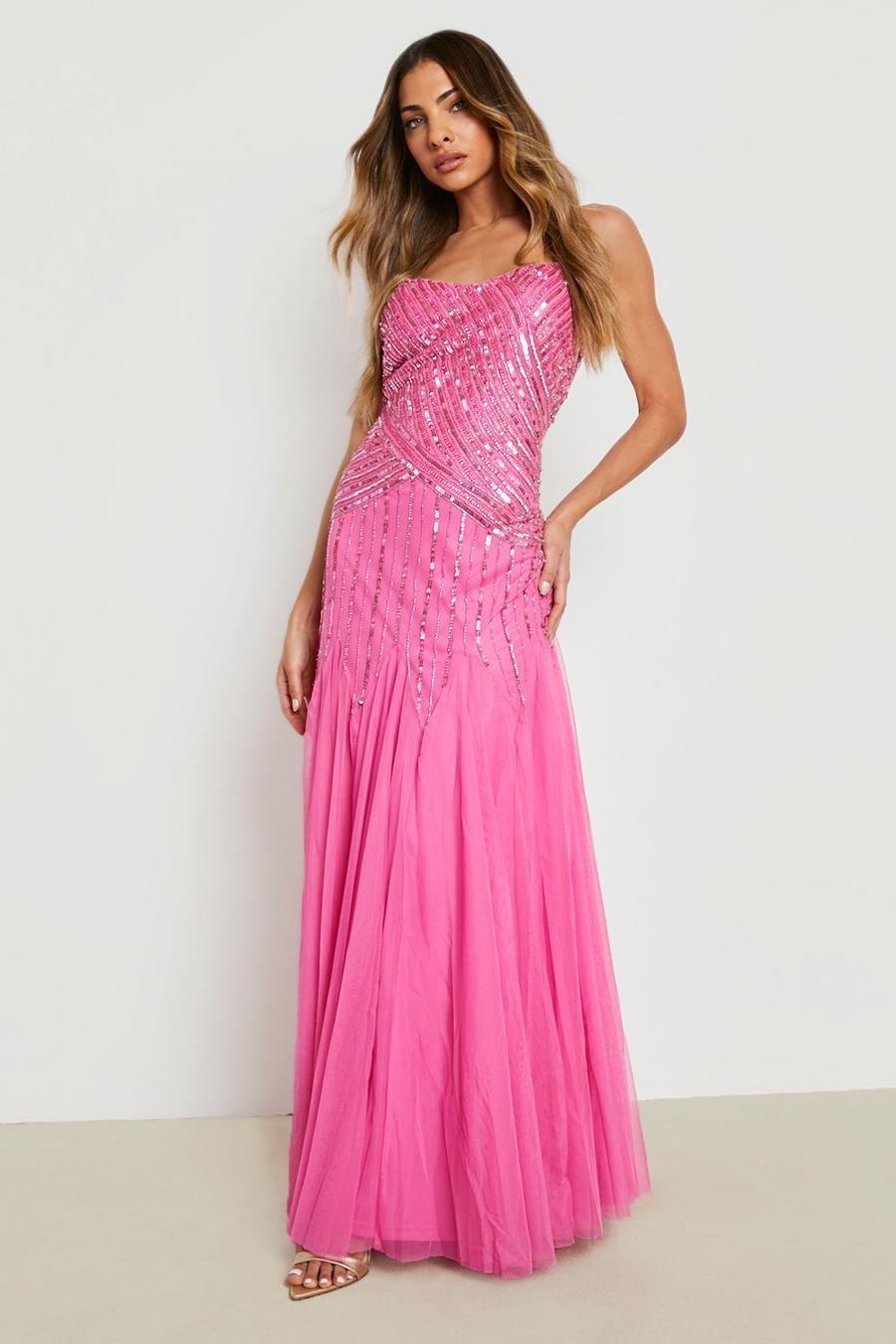Raspberry pink Bridesmaid Hand Embellished Godet Maxi Dress