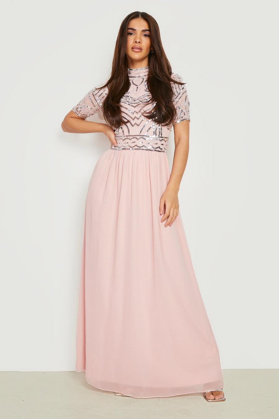 סמוק rosa שמלת שושבינה מקסי מעוטרת עם צווארון גבוה