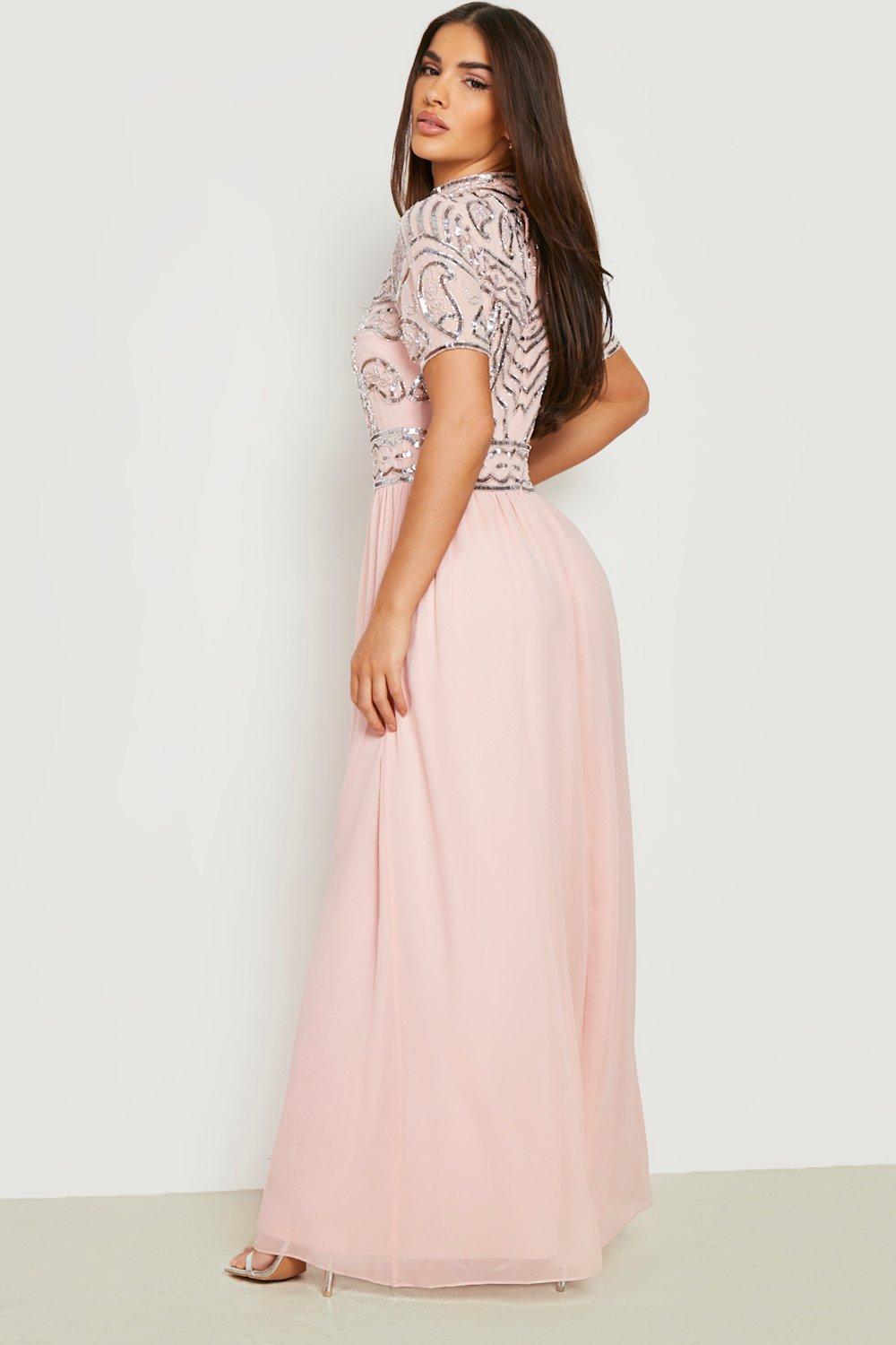 Pink chiffon high on sale neck embellished maxi dress