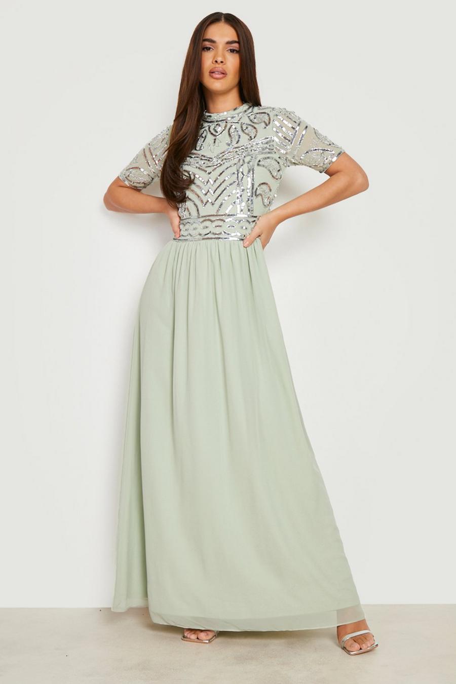 Sage green Bridesmaid High Neck Embellished Maxi Dress