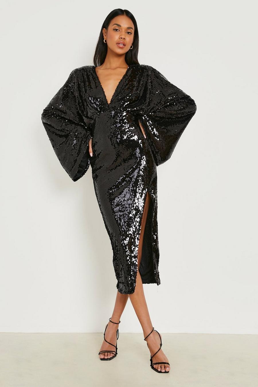 Black Sequin Batwing Plunge Midaxi Dress