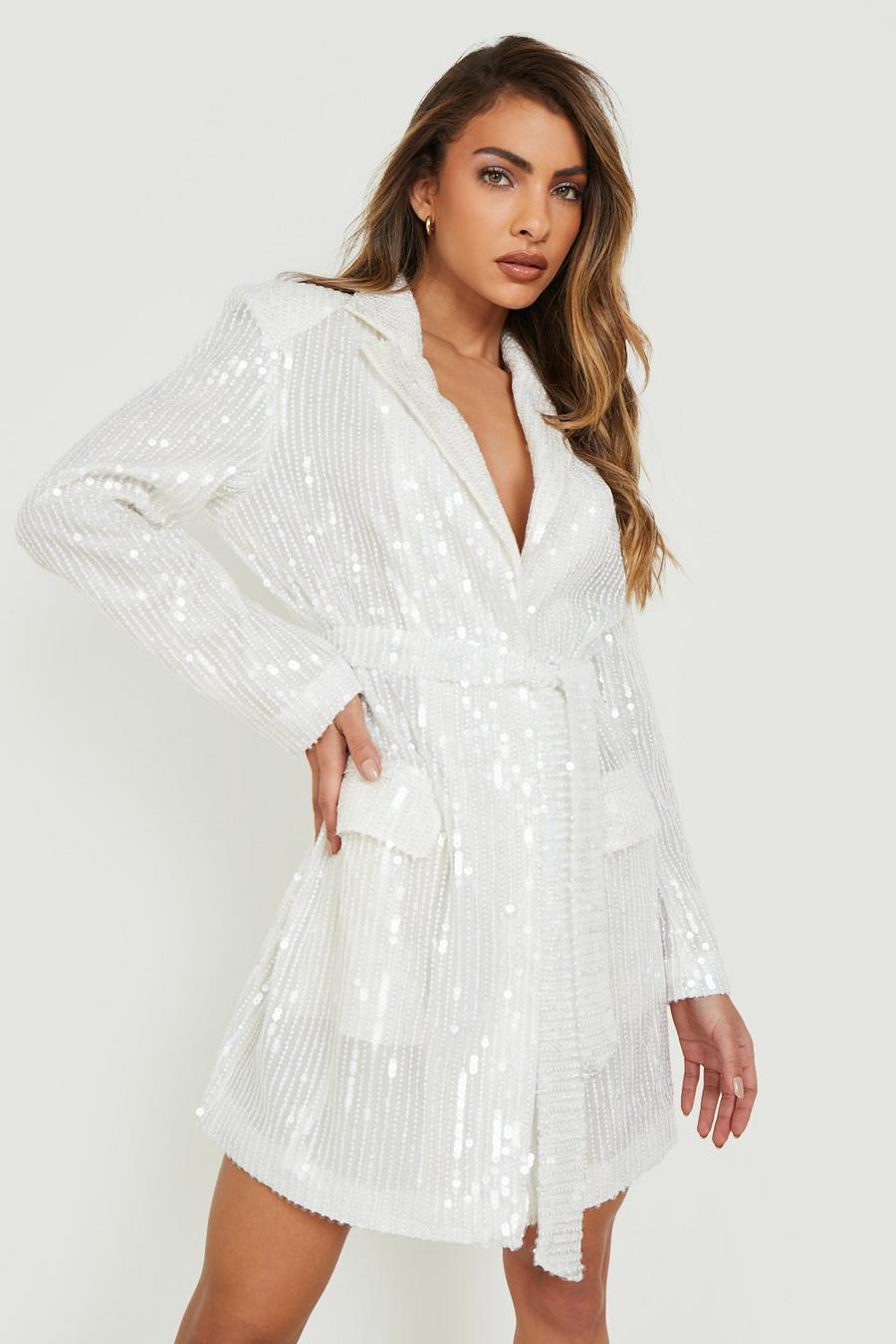 White Oversized Sequin Blazer Dress image number 1
