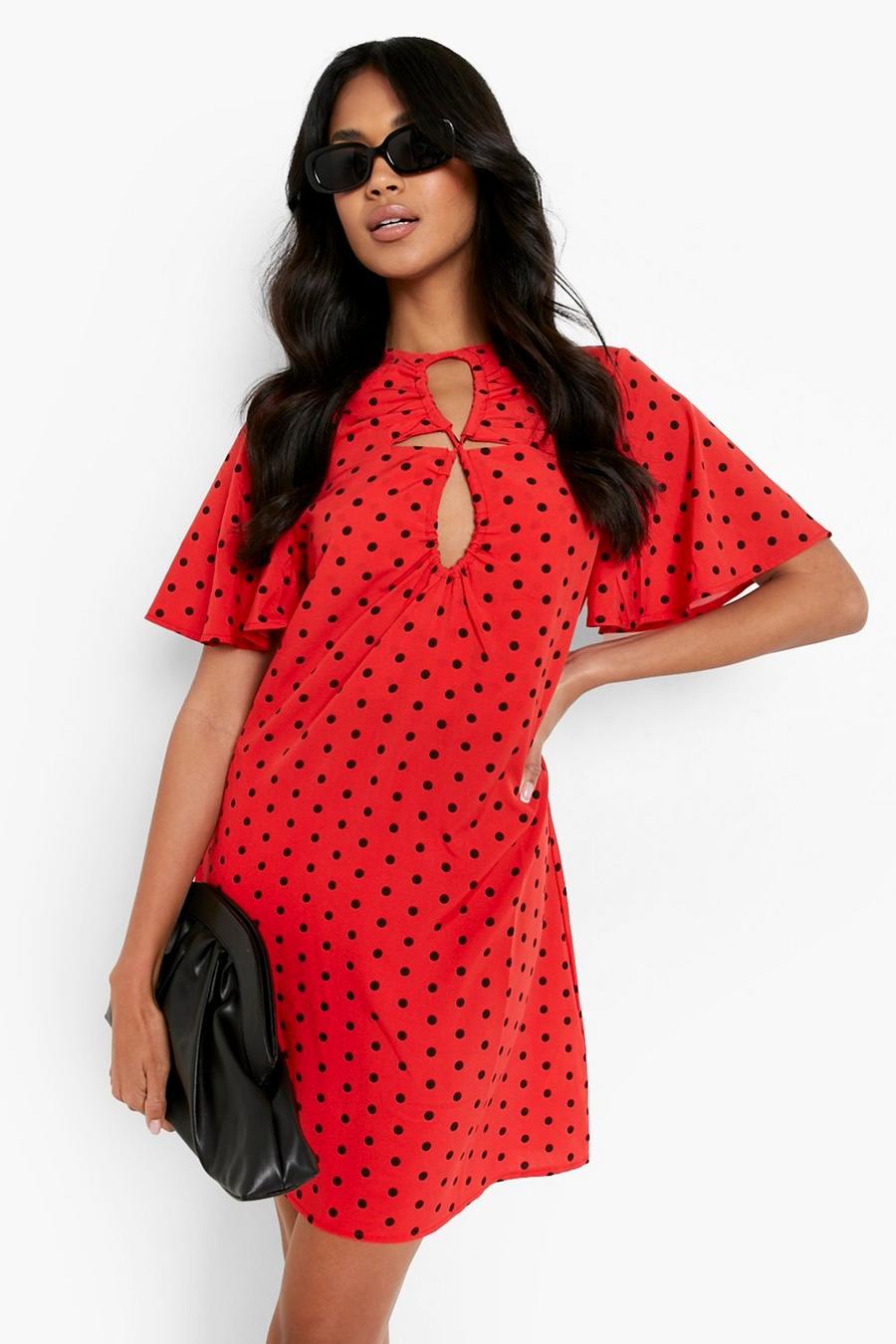 Red Polka Dot Cut Out Front Shift Dress image number 1