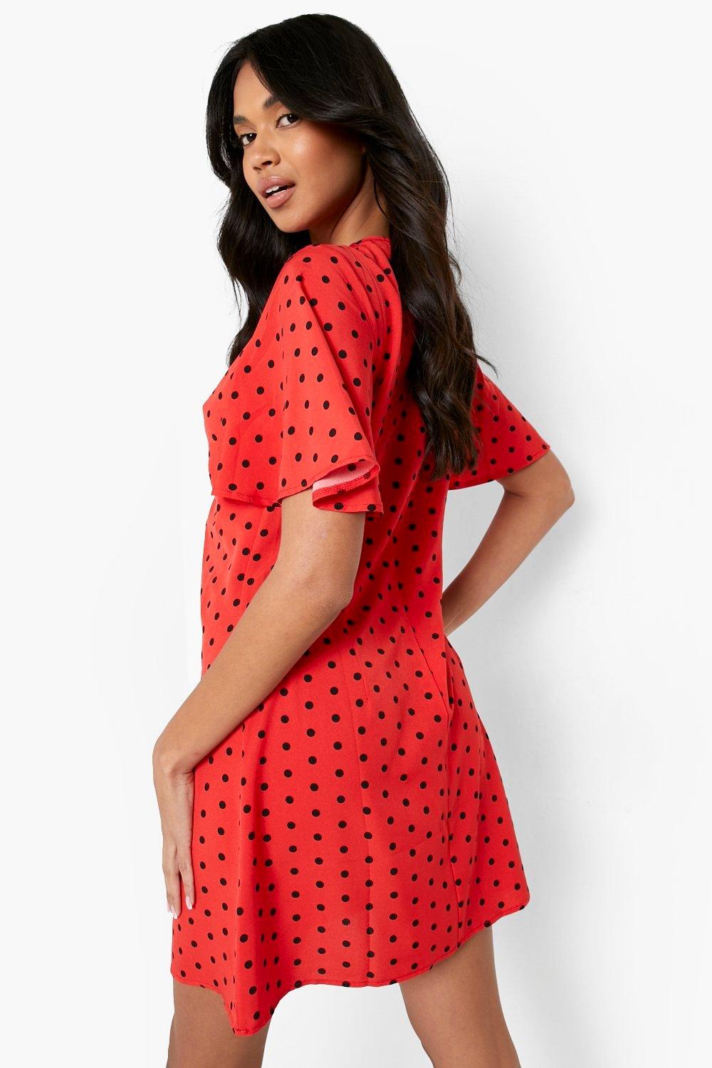 Red polka dot hot sale dress boohoo