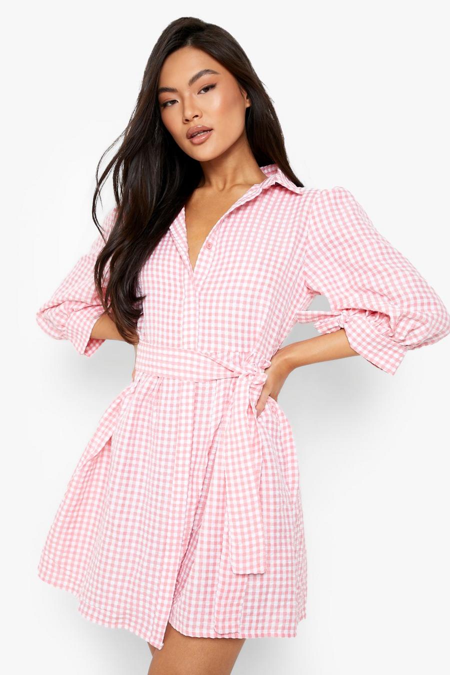 Baby pink Check Belted Shirt Dress image number 1