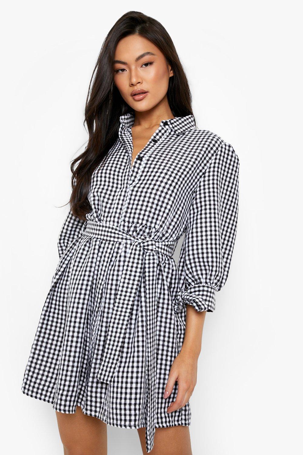 check belted shirt dress