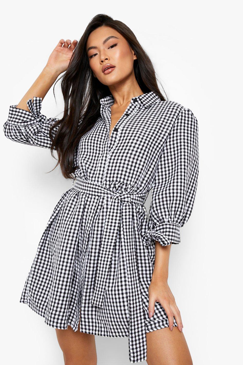 check belted shirt dress