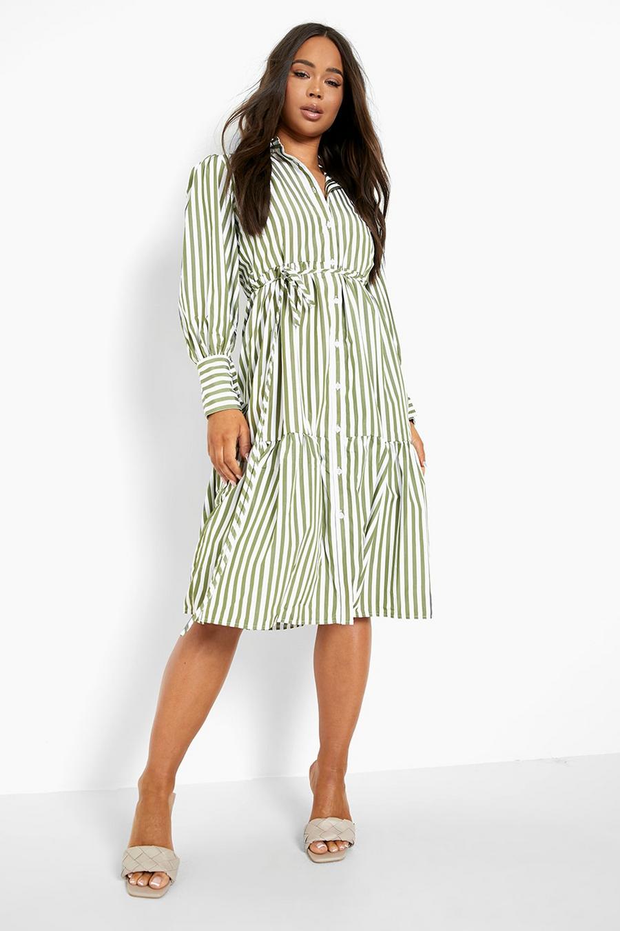 Khaki Striped Puff Sleeve Midi Shirt Dress image number 1