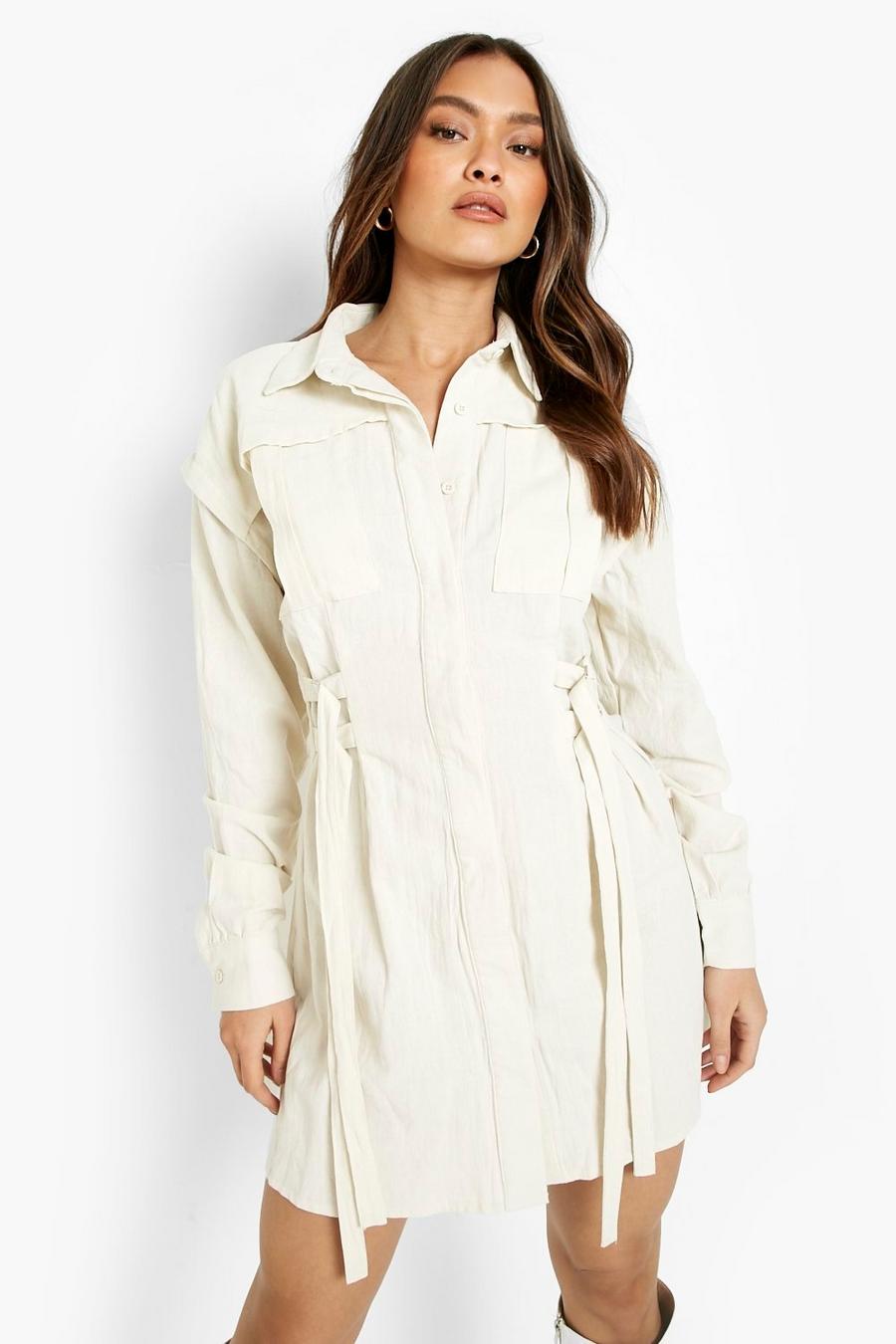Ecru blanc Linen Pocked Detail Mini Shirt Dress