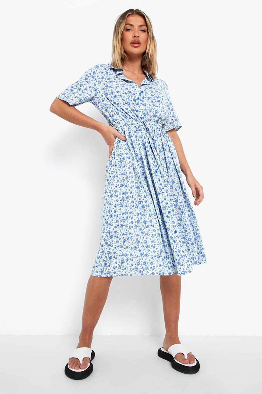 Blue Ditsy Floral Collared Midi Shirt Dress image number 1