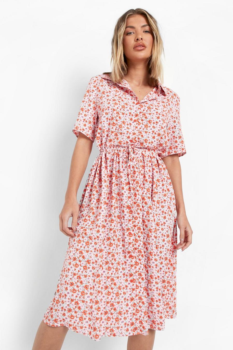 Pink Ditsy Floral Collared Midi Shirt Dress image number 1