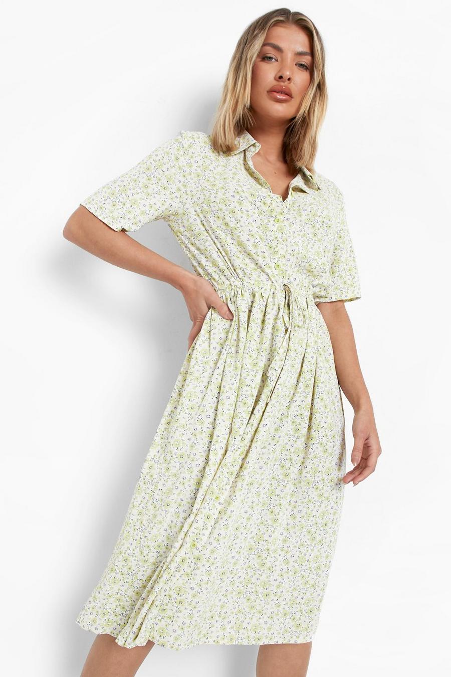 Yellow Ditsy Floral Collared Midi Shirt Dress image number 1