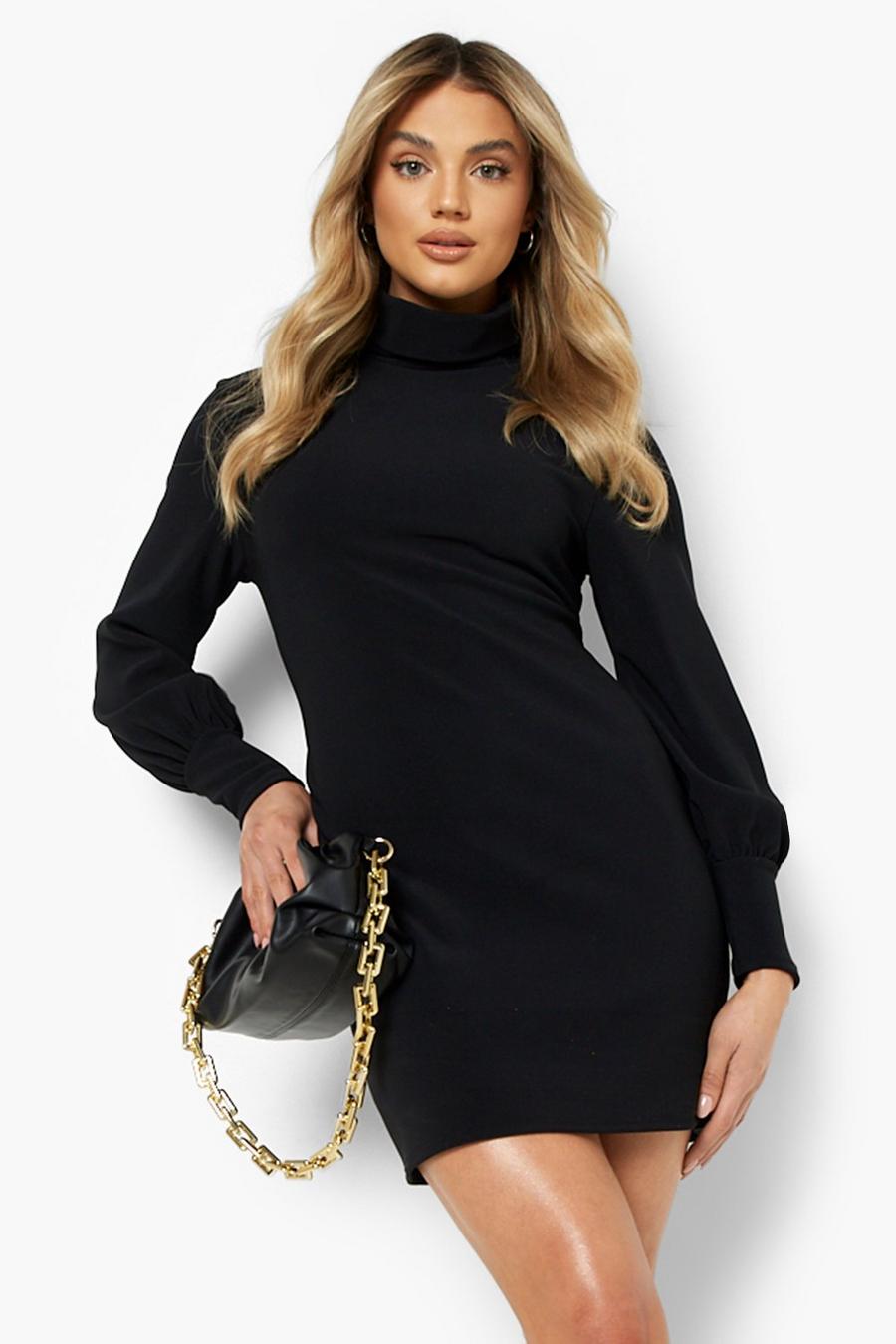 Black Premium Rib Roll Neck Deep Cuff Mini Dress image number 1