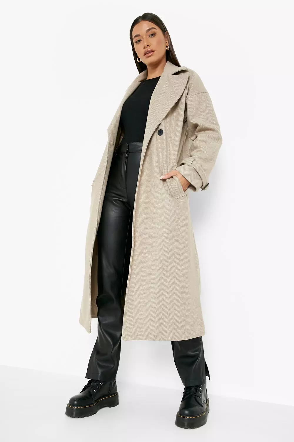 Stone Herringbone Wool Look Coat alternative image