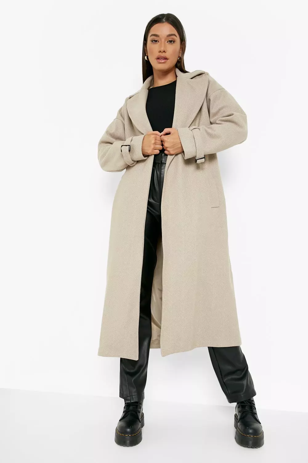Stone Herringbone Wool Look Coat alternative image