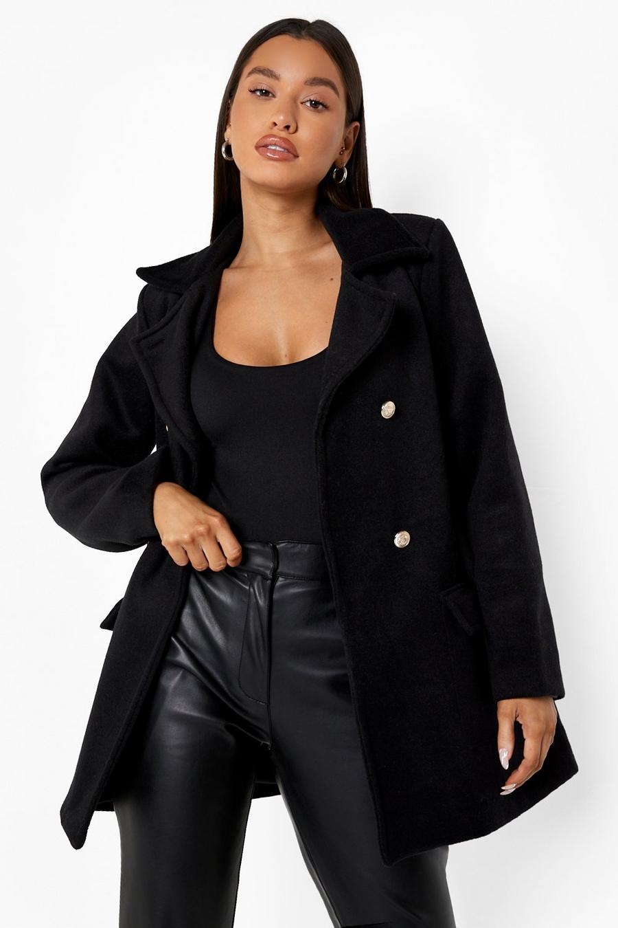 Black Collared Double Breasted Wool Look Coat image number 1