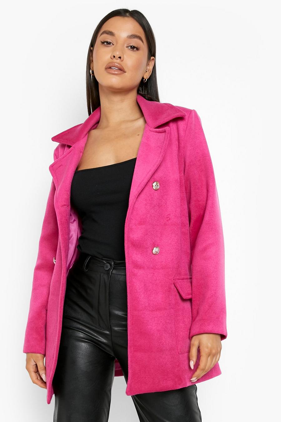 Hot pink Collared Double Breasted Wool Look Coat