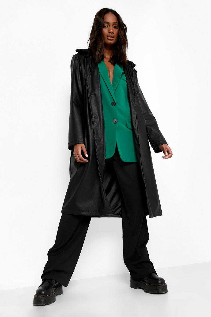 Cappotto in PU con colletto in pelliccia sintetica, Black image number 1