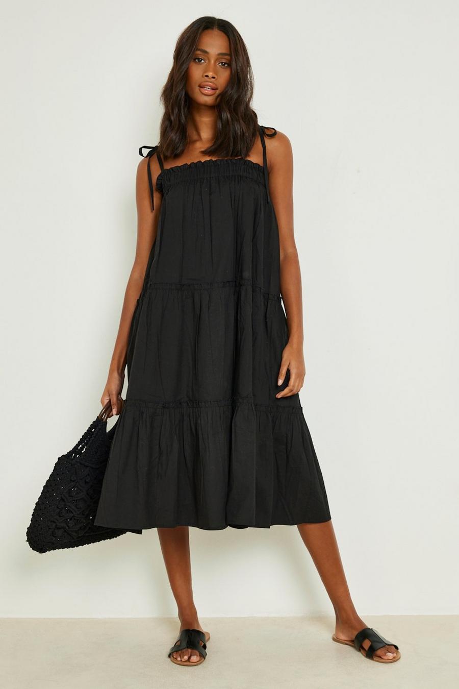 Black Cotton Tiered Strappy Swing Dress