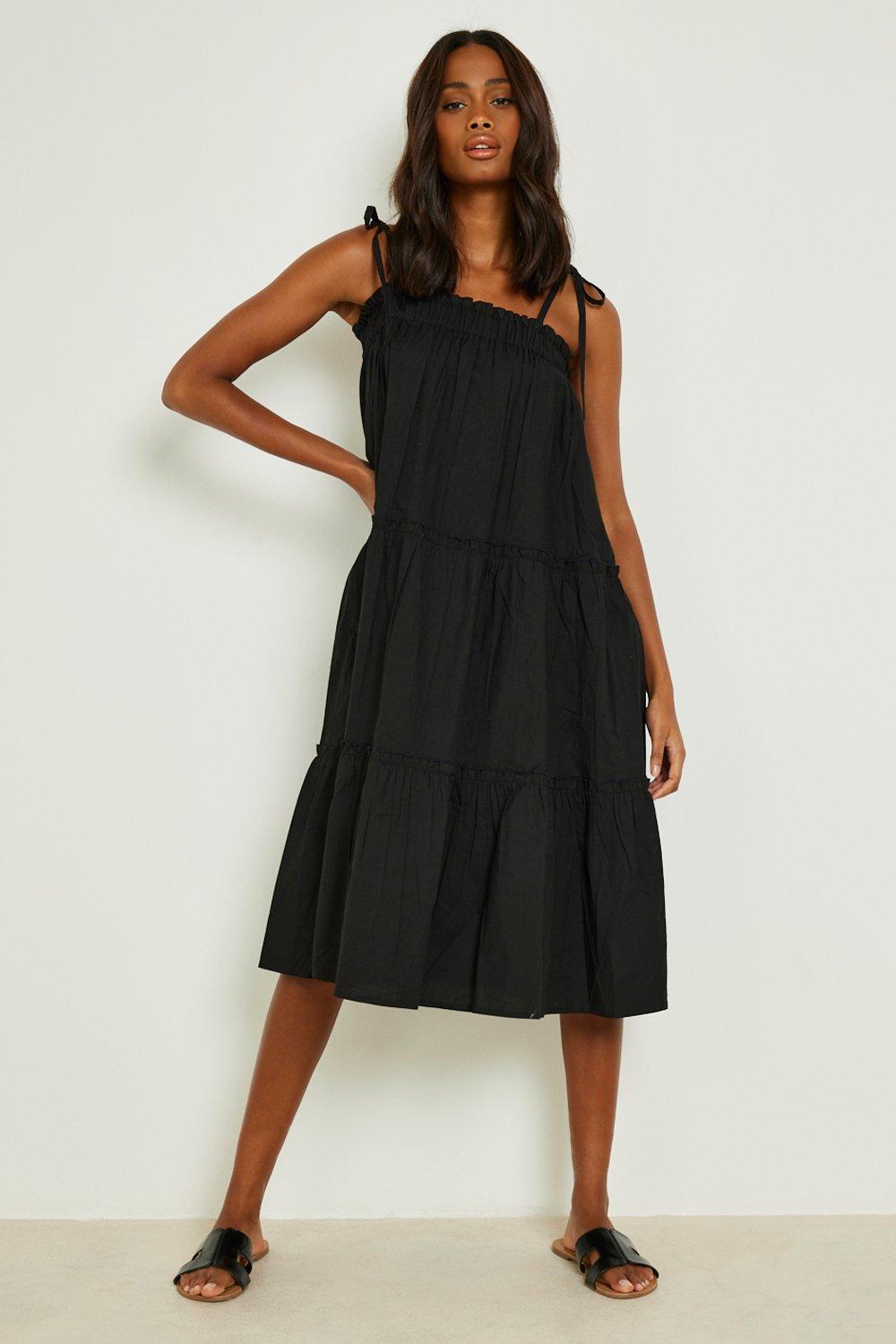 Womens Cotton Tiered Strappy Swing Dress | Boohoo UK