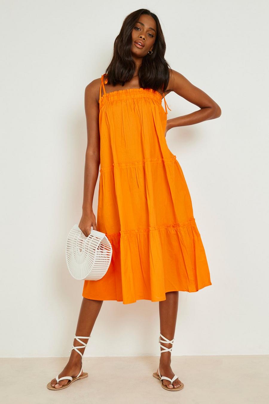 Orange Cotton Tiered Strappy Swing Dress