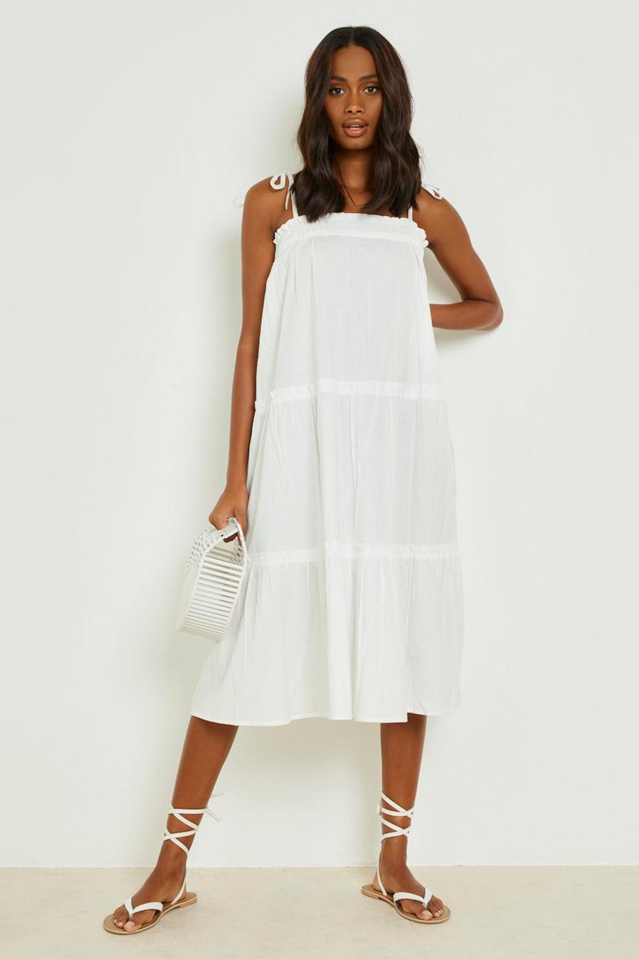 White Cotton Tiered Strappy Swing Dress image number 1