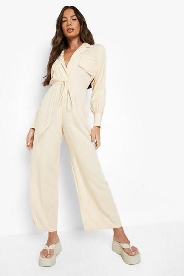 Stone Beige Oversized Utility Wide Leg Jumpsuit