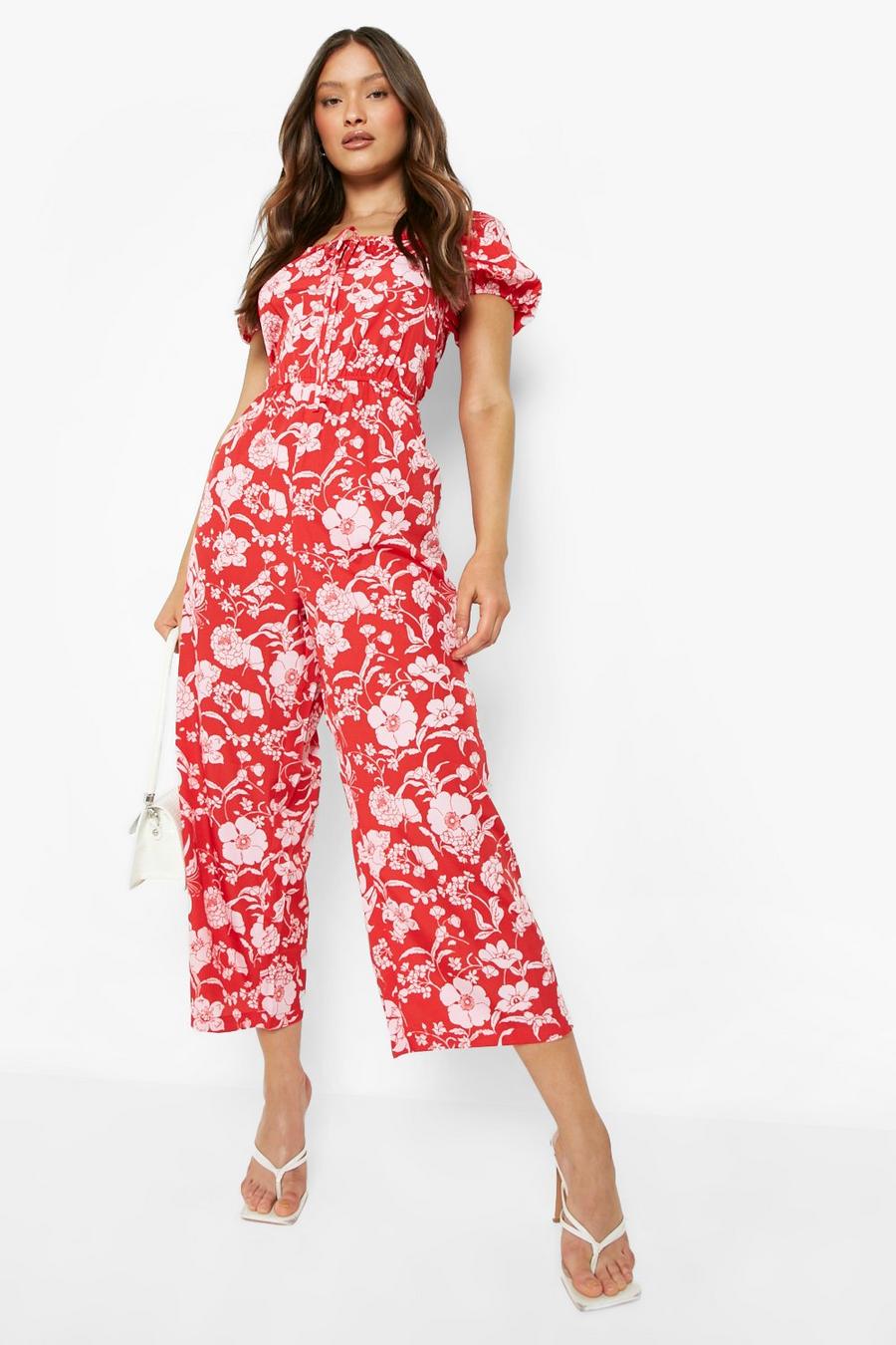 Red Floral Puff Sleeve Culotte Jumpsuit image number 1