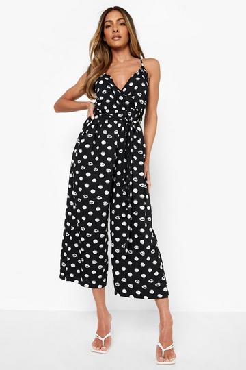 Black Polka Dot Strappy Wrap Culotte Jumpsuit