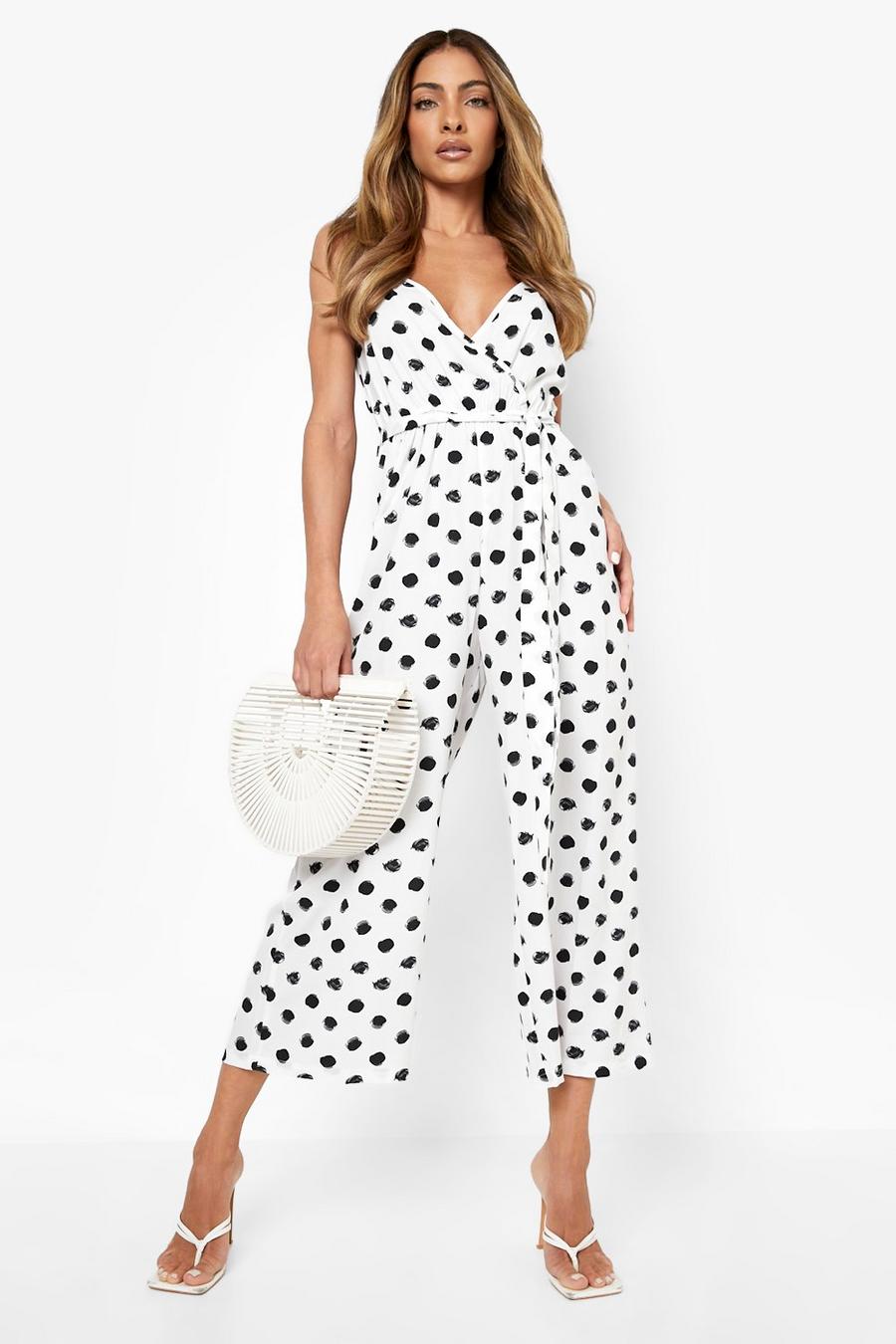 White Polka Dot Strappy Wrap Culotte Jumpsuit image number 1