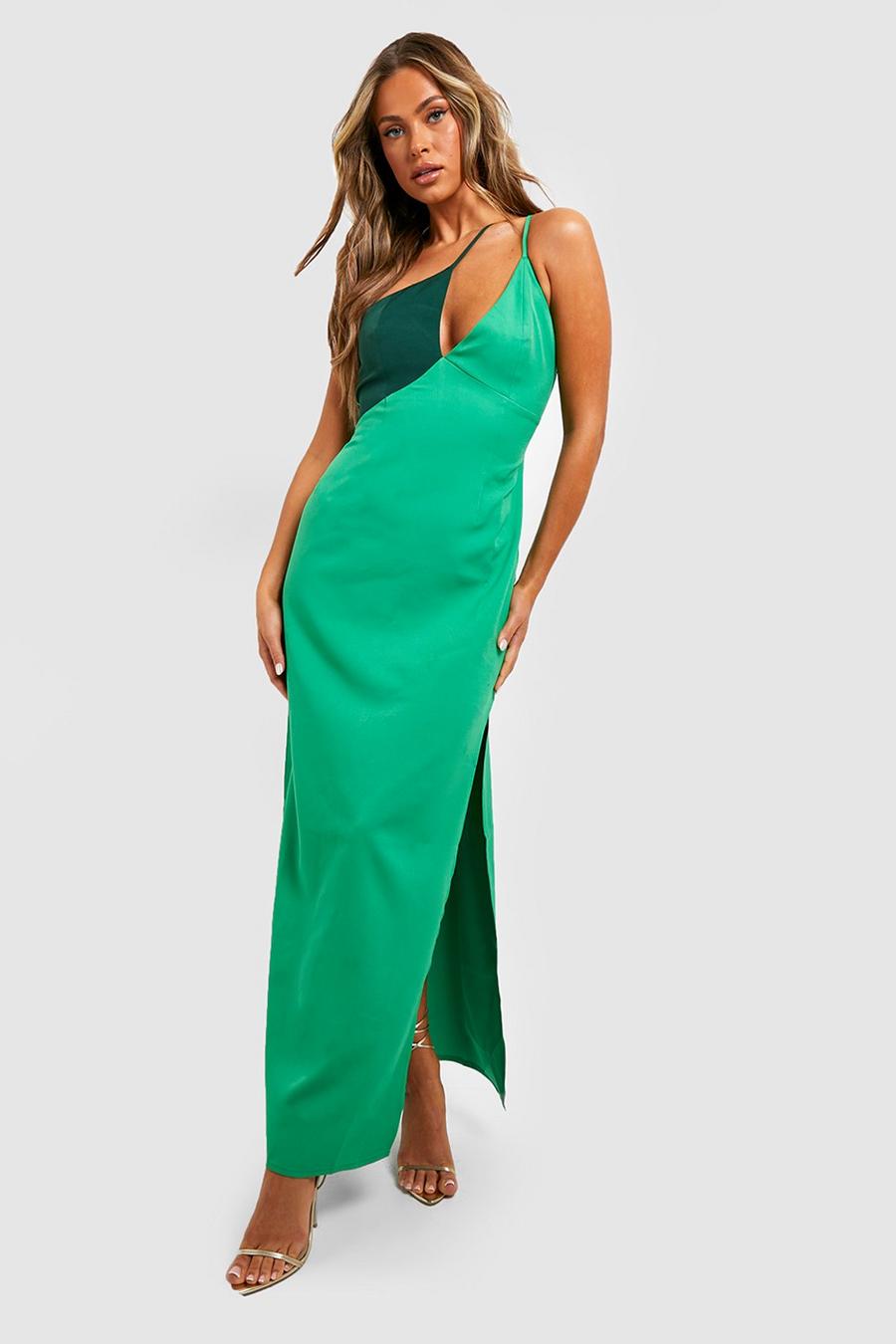 Green Contrast Asymmetric Strappy Maxi Dress