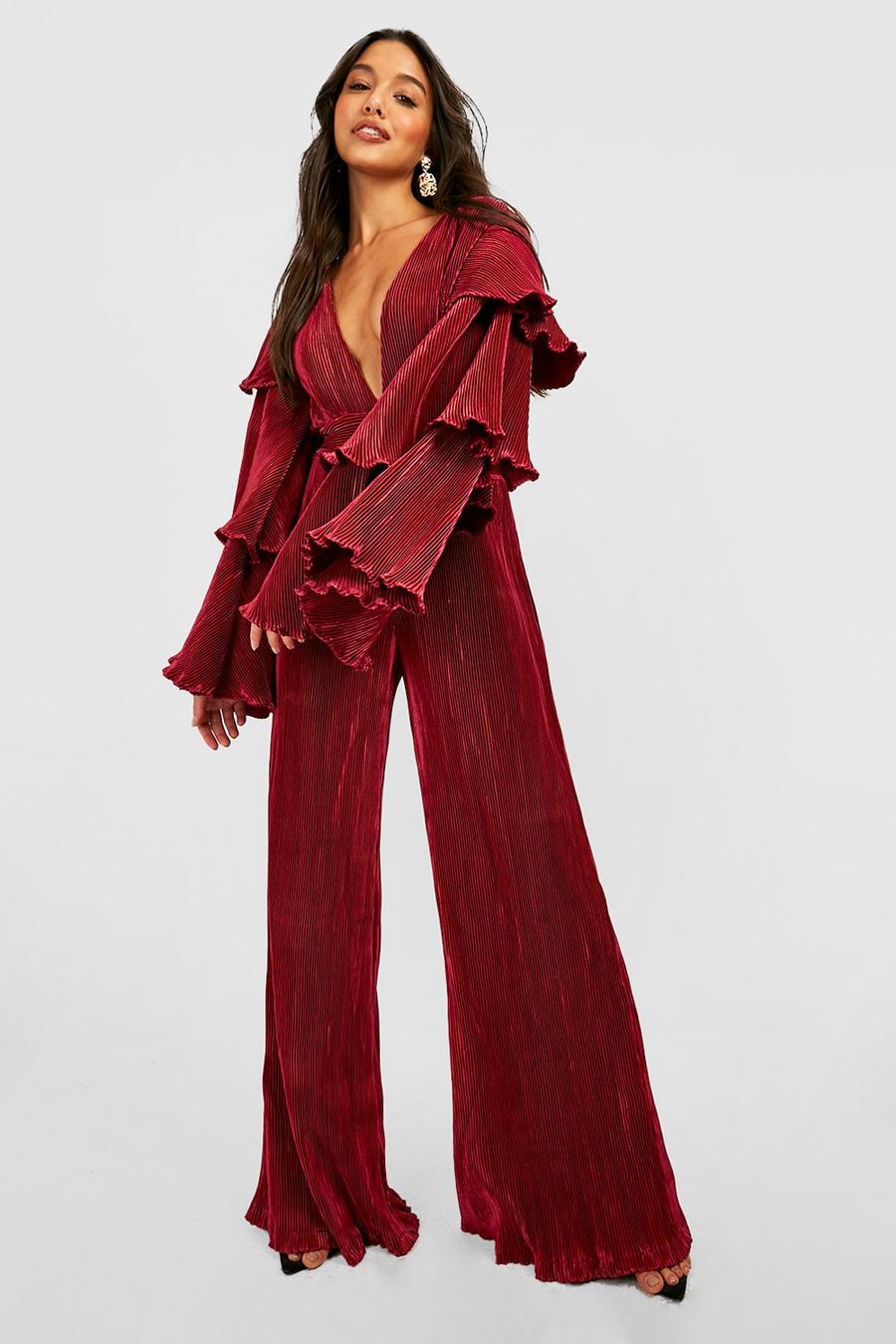 Berry Satin Layered Ruffle Sleeve Wide Leg Jumpsuit image number 1