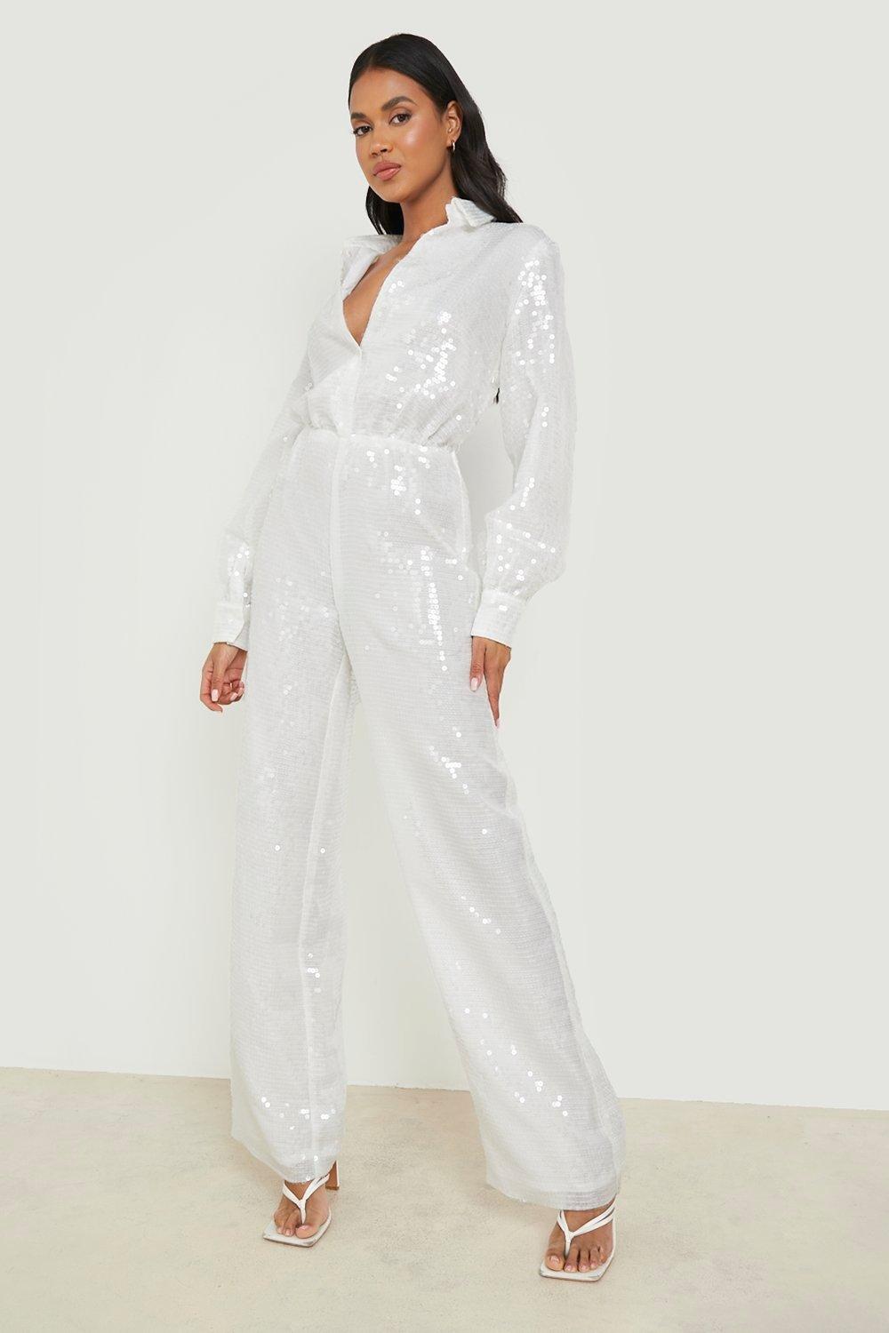 Sequin store jumpsuit white