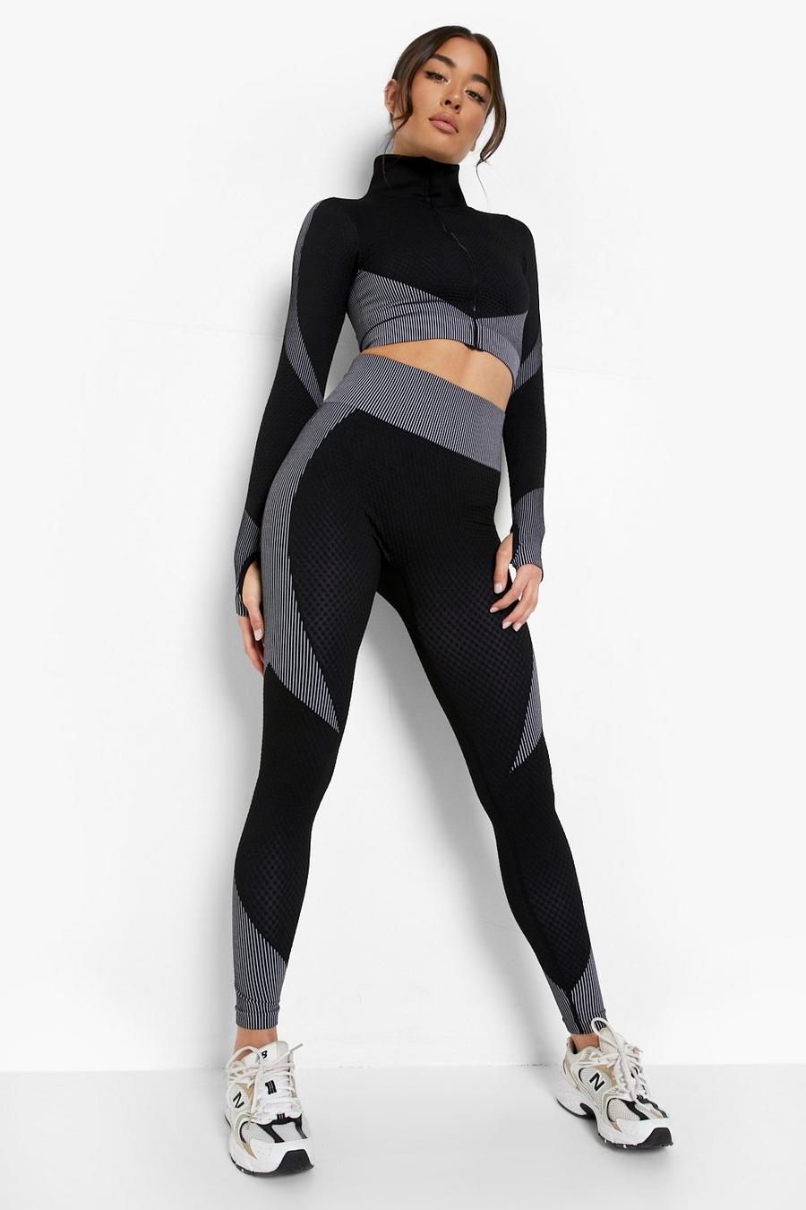 Black Textured Panelled Stripe Seamless Gym Legging