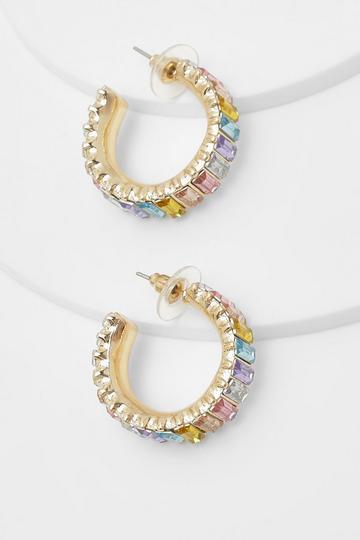 Pink Pastel Rainbow Baguette Diamante Hoop Earrings