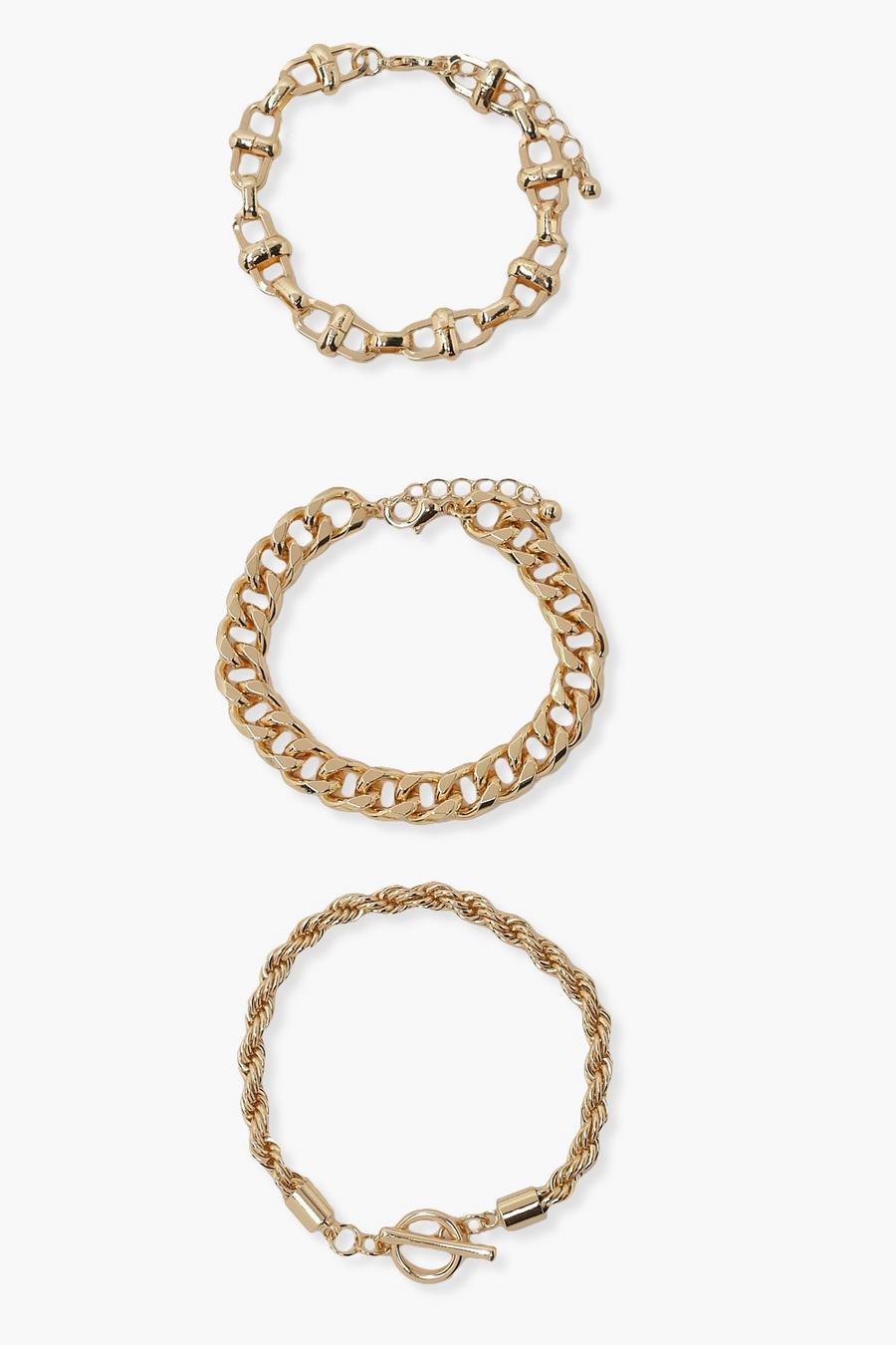 Gold Chunky T-bar Chain 3 Pack Bracelets  image number 1