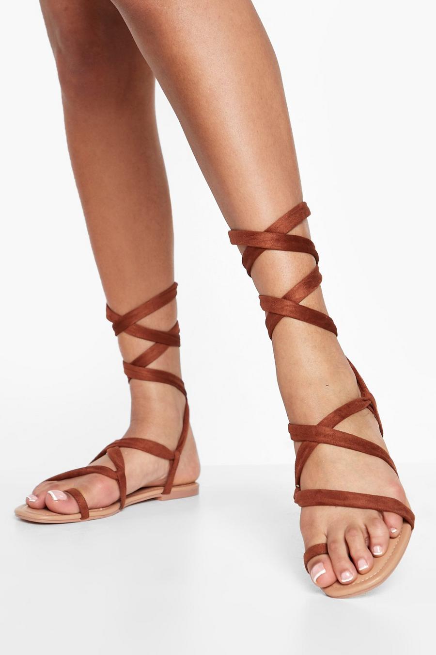Chocolate Wide Fit Strappy Toe Loop Wrap Up Sandal image number 1