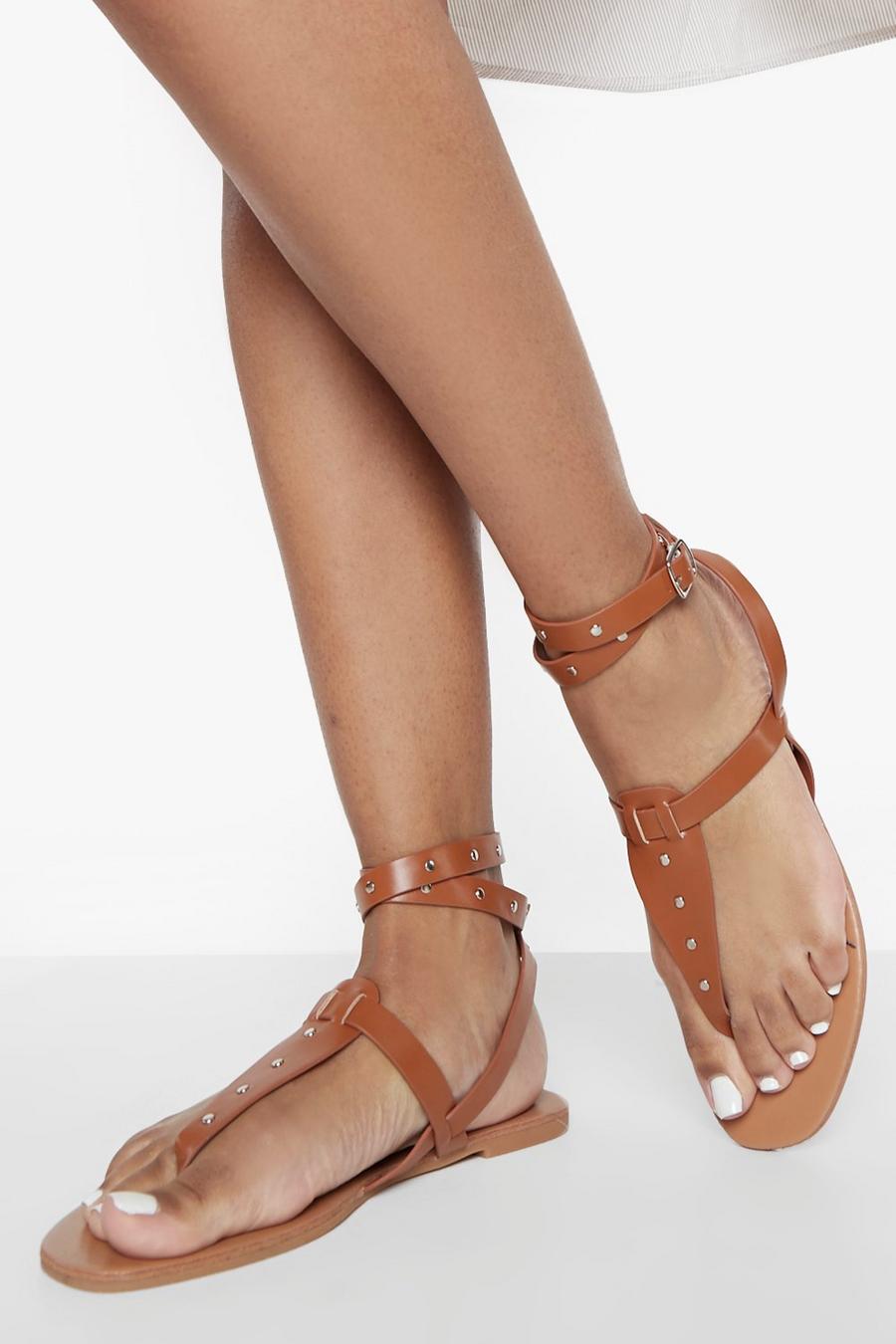 Tan brown Toe Post Studded Sandal