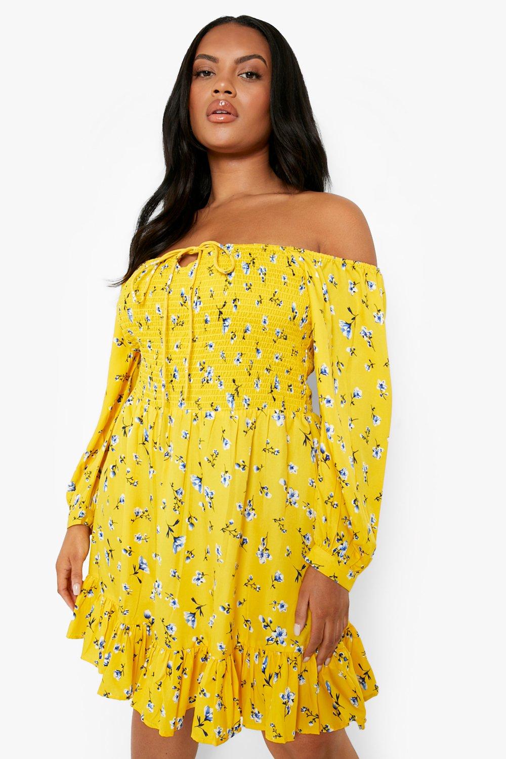 Yellow floral off the shoulder dress new arrivals