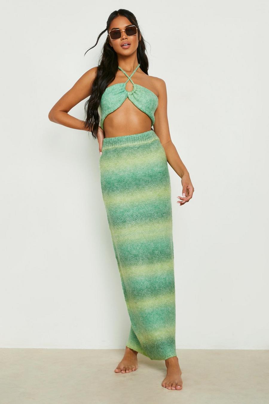 Green Premium Ombre Knitted Halter And Maxi Skirt Set image number 1