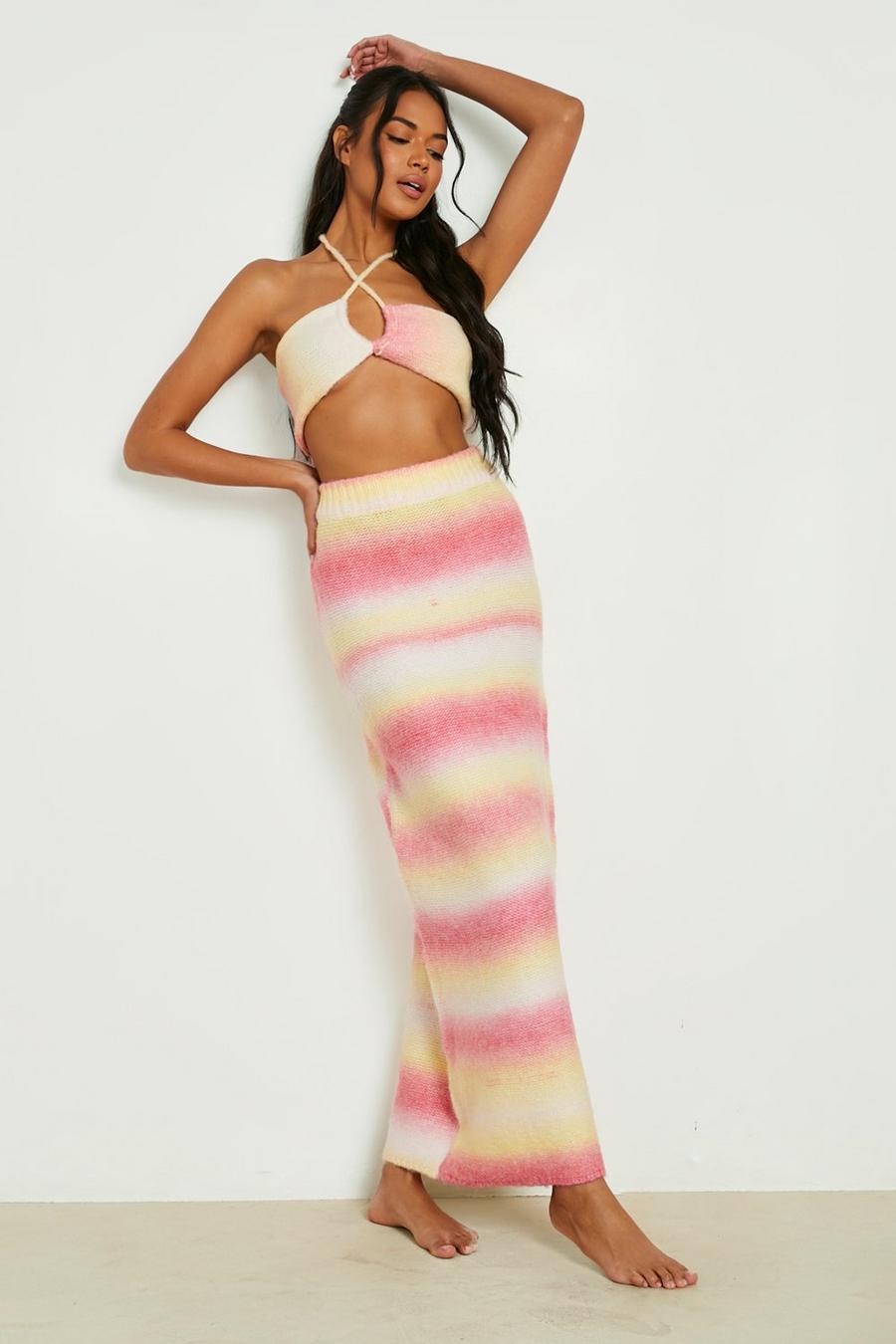 Pink Premium Ombre Knitted Halter And Maxi Skirt Set image number 1