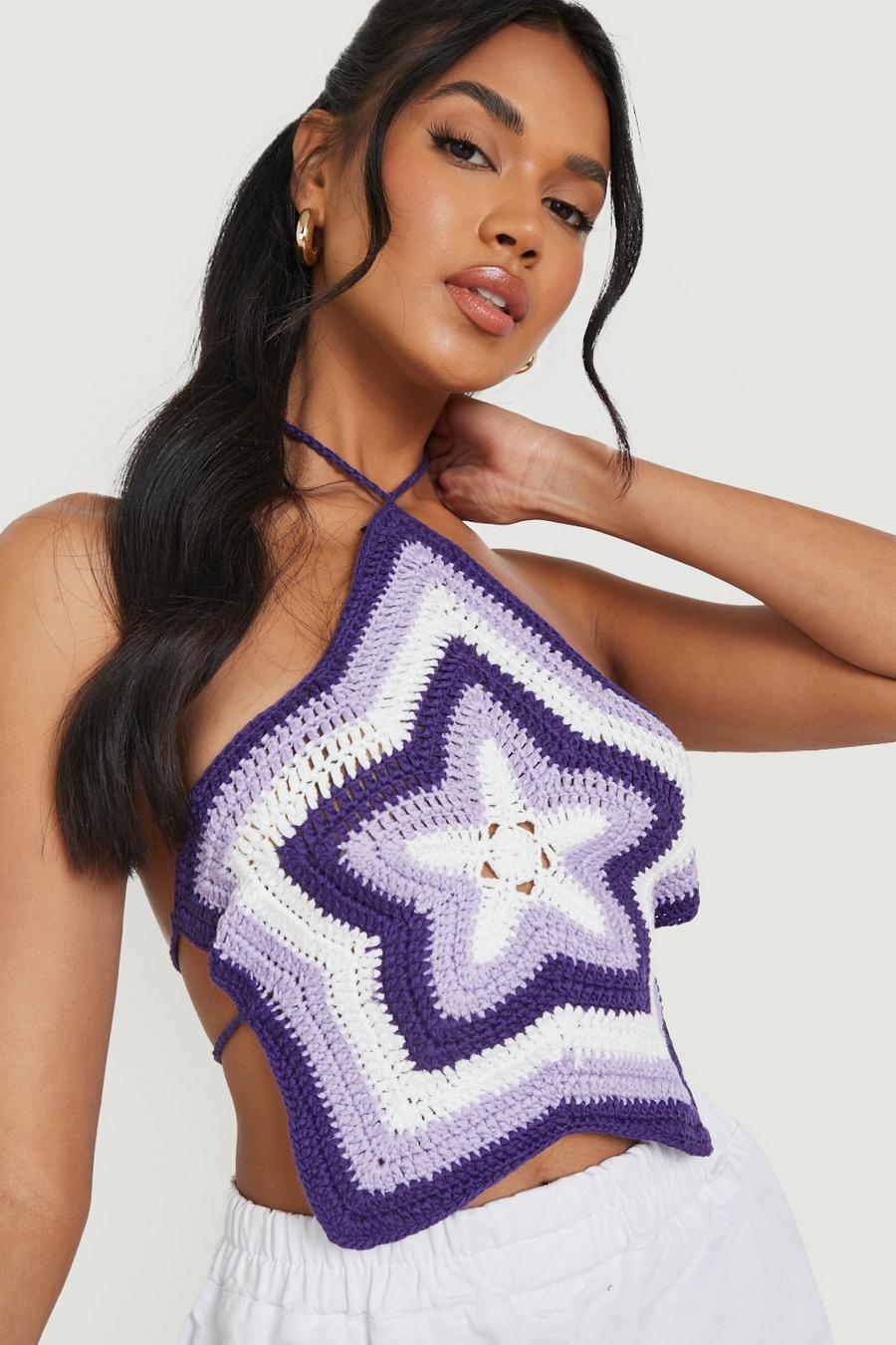 Purple Premium Halterneck Crochet Star Crop Top image number 1
