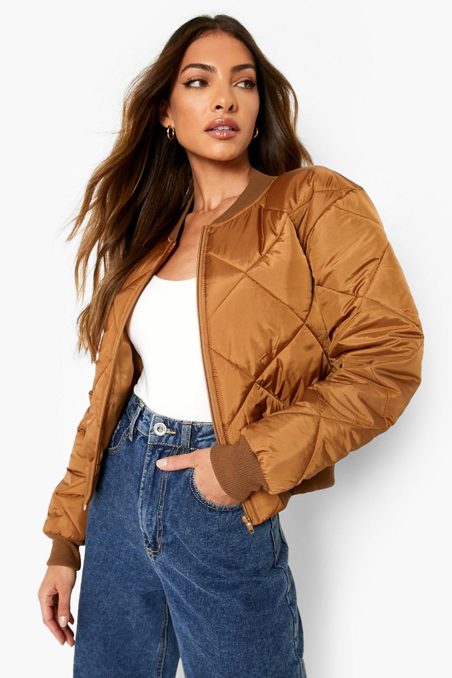 Tan Quilted Bomber Jacket image number 1
