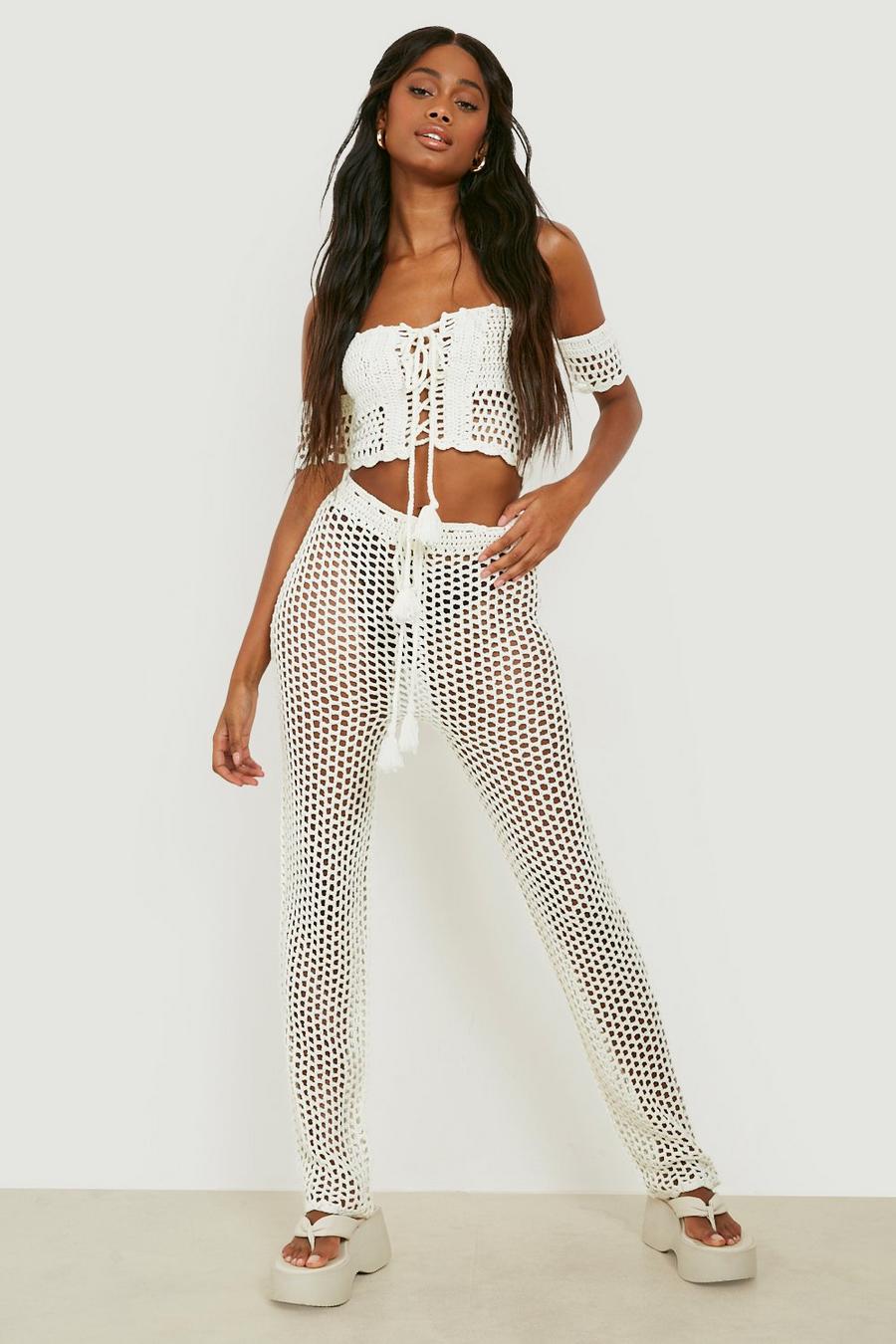 White Premium Off The Shoulder Crochet Co-ord image number 1