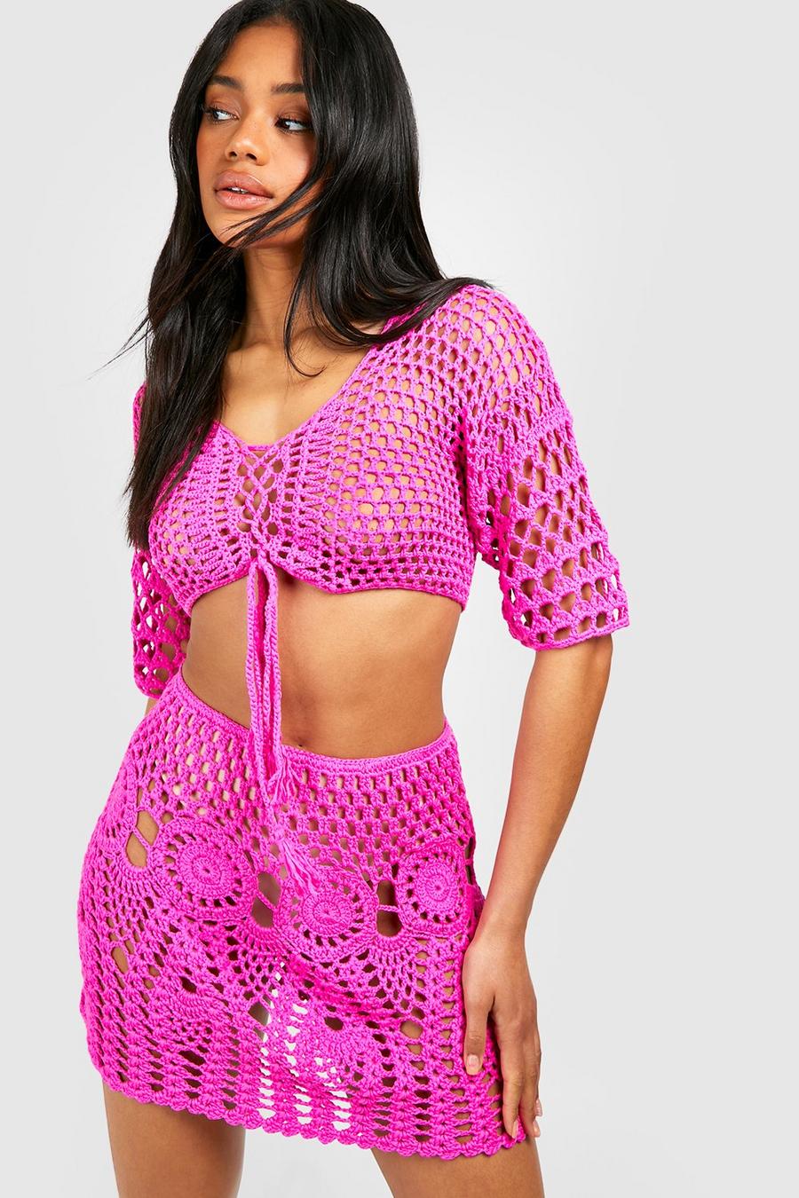 Hot pink Premium Lace Up Crochet Co-ord image number 1