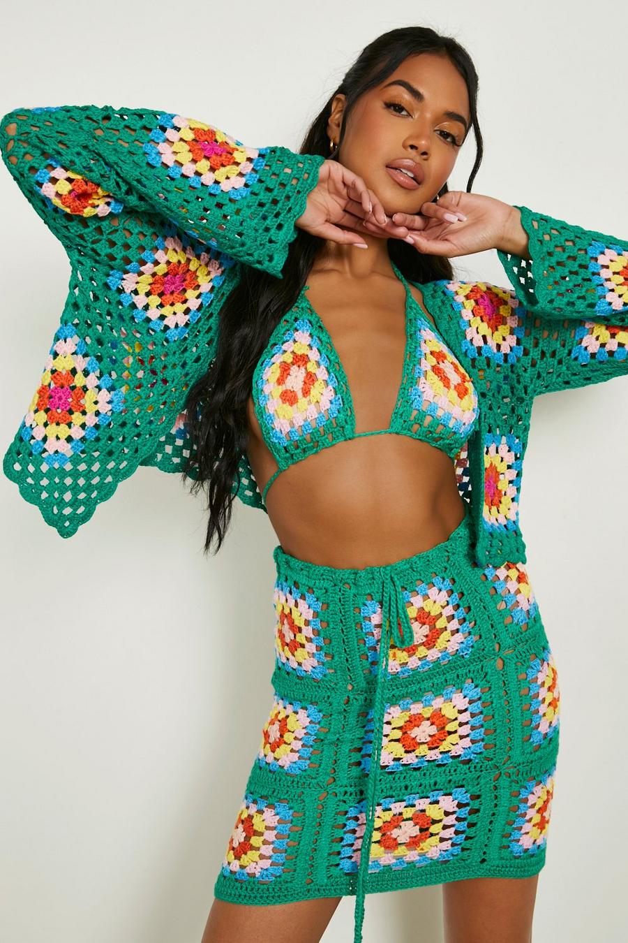 Green Premium Patchwork Crochet Cropped Cardigan image number 1