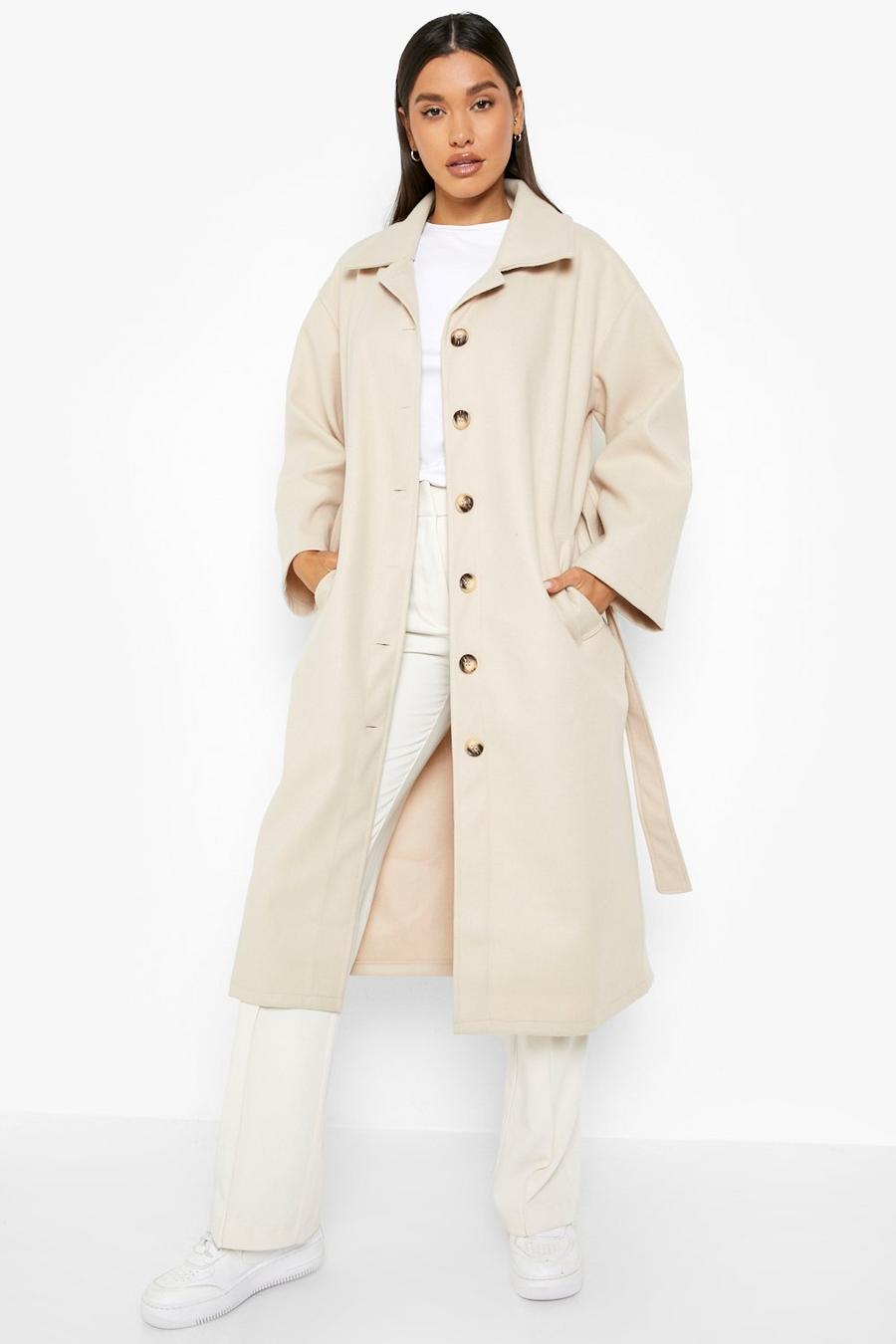 Stone beige Belted Button Through Wool Look Coat 