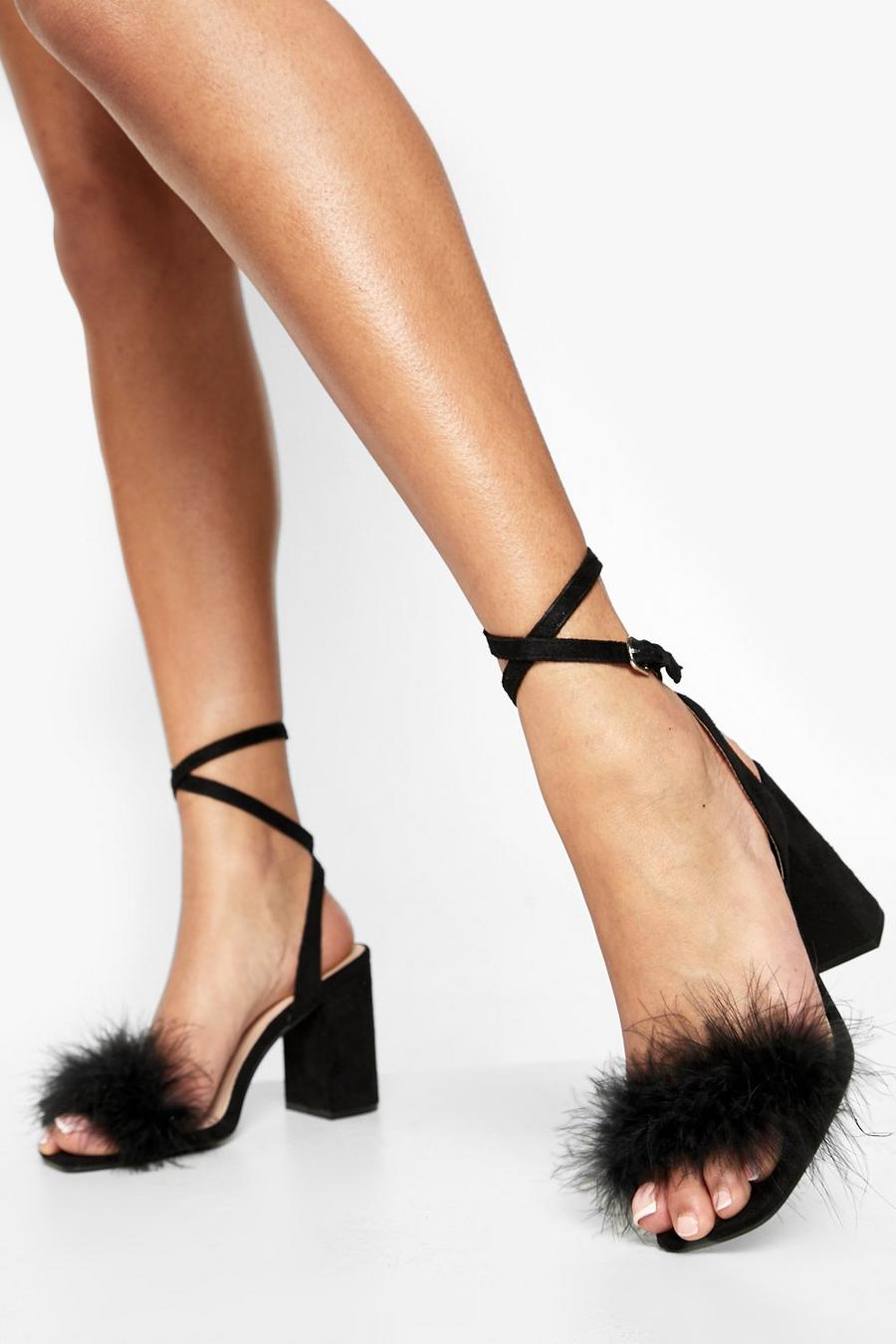 Black Feather Trim Two Part Block Heels image number 1